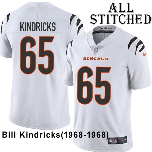 White Embroidered Bill Kindricks Cincinnati Bengals #65 Stitched Jersey