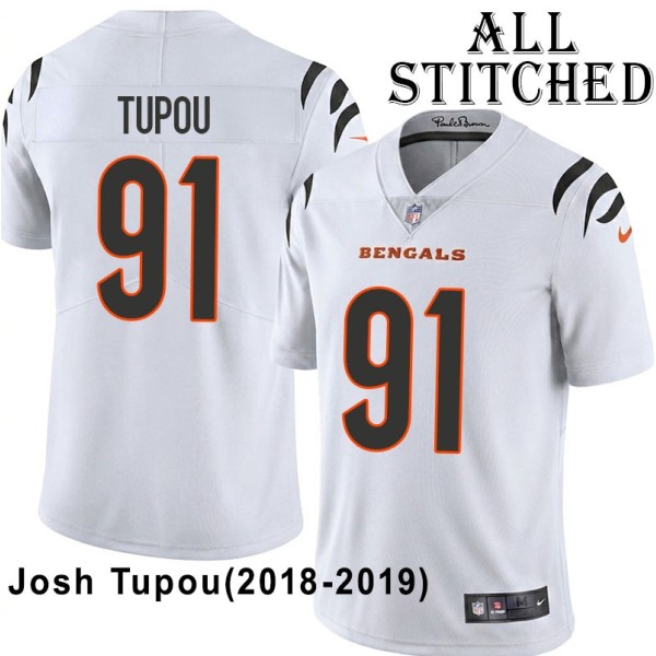 White Embroidered Josh Tupou Cincinnati Bengals #91 Stitched Jersey