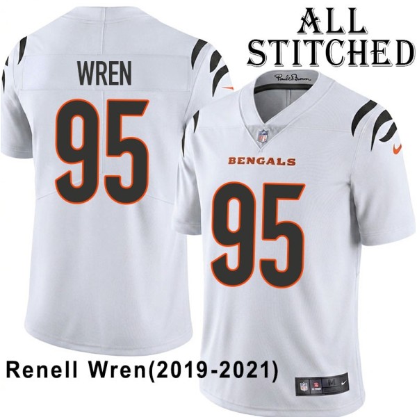White Embroidered Renell Wren Cincinnati Bengals #95 Stitched Jersey