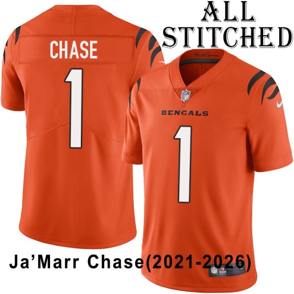 Orange Embroidered Ja'Marr Chase Cincinnati Bengals #1 Stitched Jersey