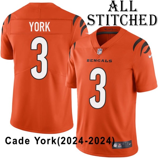 Orange Embroidered Cade York Cincinnati Bengals #3 Stitched Jersey