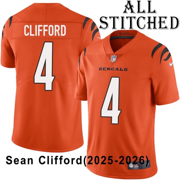 Orange Embroidered Sean Clifford Cincinnati Bengals #4 Stitched Jersey