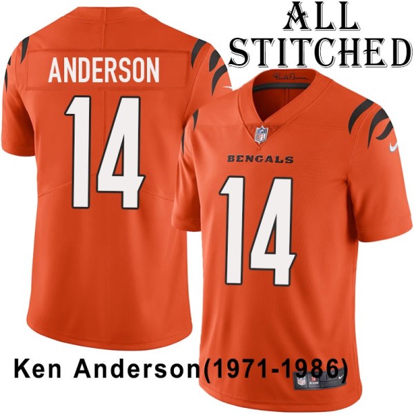 Orange Embroidered Ken Anderson Cincinnati Bengals #14 Stitched Jersey