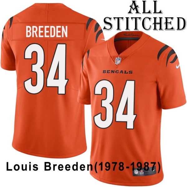 Orange Embroidered Louis Breeden Cincinnati Bengals #34 Stitched Jersey