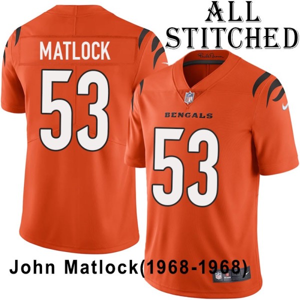 Orange Embroidered John Matlock Cincinnati Bengals #53 Stitched Jersey