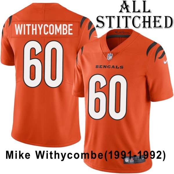 Orange Embroidered Mike Withycombe Cincinnati Bengals #60 Stitched Jersey