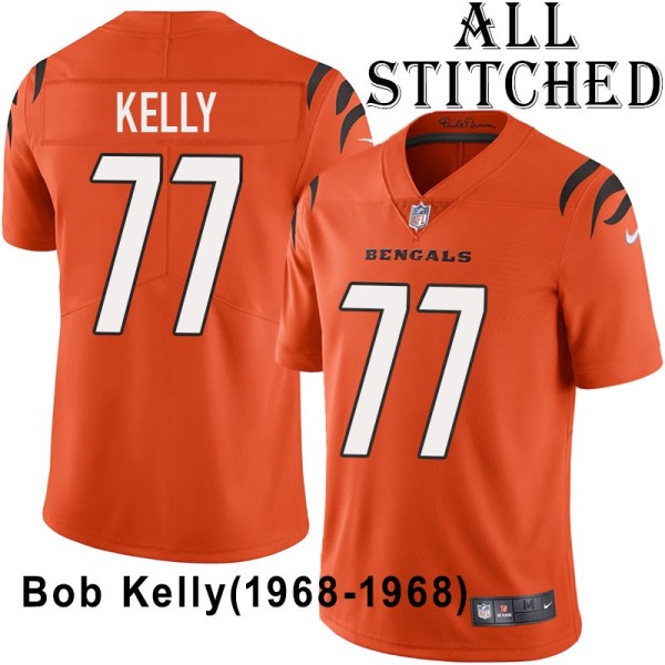Orange Embroidered Bob Kelly Cincinnati Bengals #77 Stitched Jersey