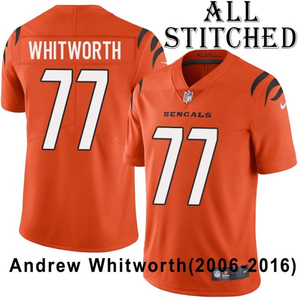 Orange Embroidered Andrew Whitworth Cincinnati Bengals #77 Stitched Jersey