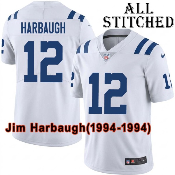 White Embroidered Jim Harbaugh Indianapolis Colts #12 Stitched Jersey