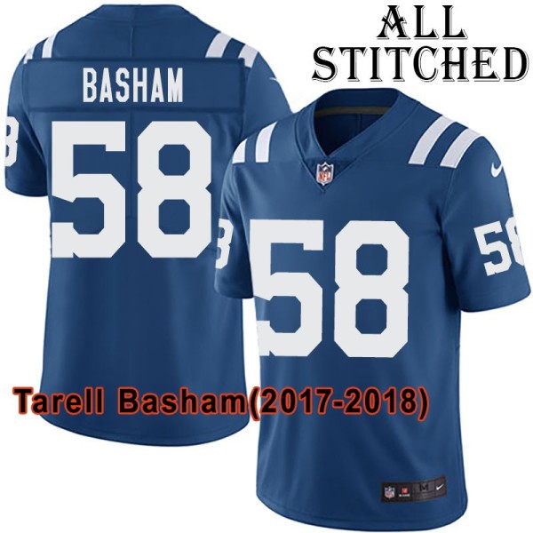 Blue Home Embroidered Tarell Basham Indianapolis Colts #58 Stitched Jersey
