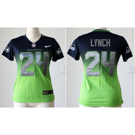 [Drift Fashion] LYNCH Seattle #24 Womens Football Jersey - Marshawn Lynch Womens Football Jersey (Blue-Green)_Free Shipping