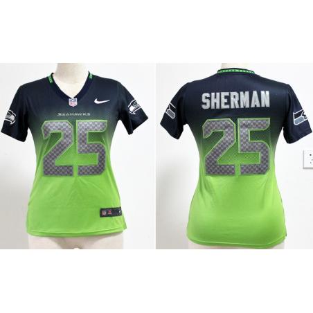 [Drift Fashion] SHERMAN Seattle #25 Womens Football Jersey - Richard Sherman Womens Football Jersey (Blue-Green)_Free Shipping
