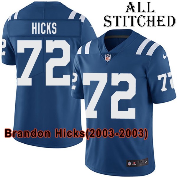 Blue Home Embroidered Brandon Hicks Indianapolis Colts #72 Stitched Jersey