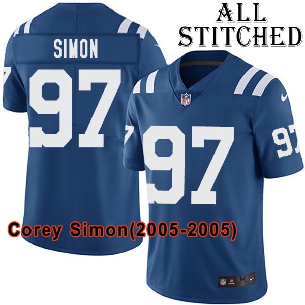Blue Home Embroidered Corey Simon Indianapolis Colts #97 Stitched Jersey