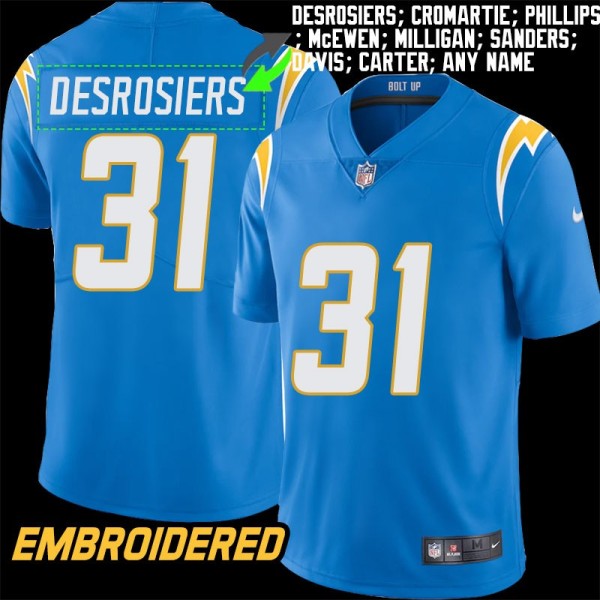 Los Angeles Chargers #31 Jersey: Gregory Desrosiers / Antonio Cromartie & More