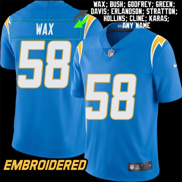 Los Angeles Chargers #58 Jersey: Marlowe Wax / Lewis Bush & More