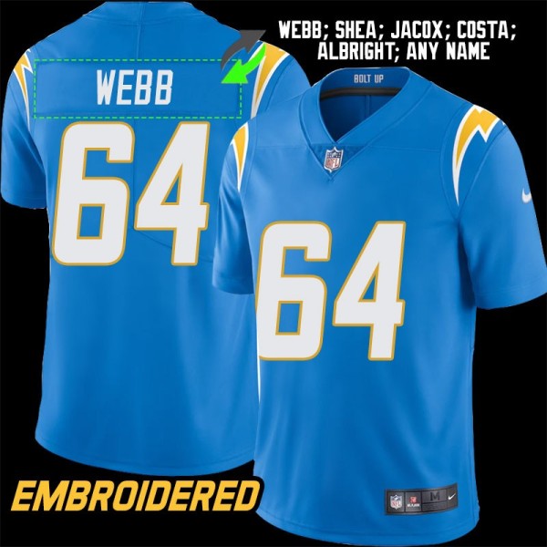 Los Angeles Chargers #64 Jersey: Terry Webb / Pat Shea & More