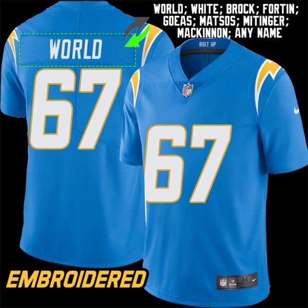 Los Angeles Chargers #67 Jersey: Isaiah World / Ed White & More