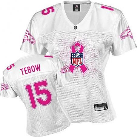 [Rbk,Breast Cancer Awareness] TEBOW Denver #15 Womens Football Jersey - Tim Tebow Womens Football Jersey (White)_Free Shipping