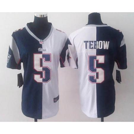 [Split] TEBOW New England #5 Womens Football Jersey - Tim Tebow Womens Football Jersey (Blue-White)_Free Shipping