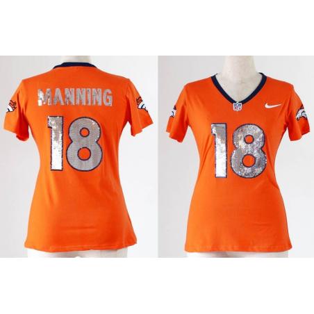 [Handwork Sequin Lettering]MANNING Denver #18 Womens Football Jersey - Peyton Manning Womens Football Jersey (Orange)