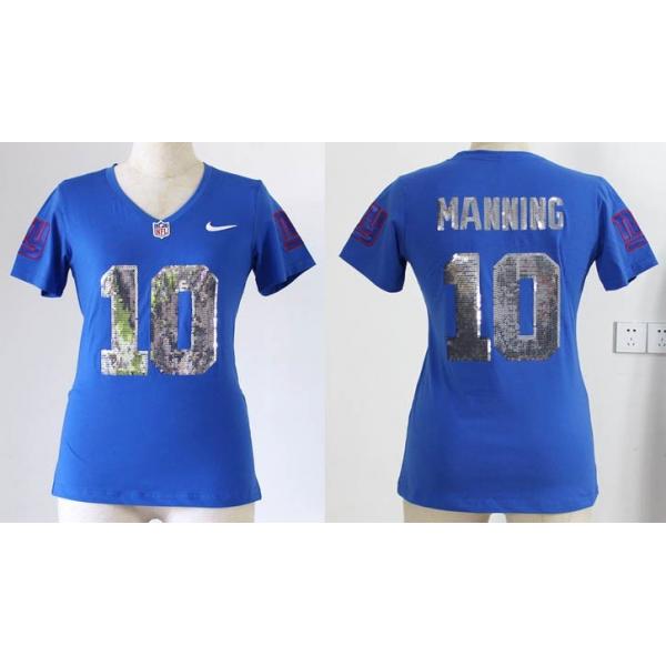 [Handwork Sequin Lettering]MANNING NY-Giant #10 Womens Football Jersey - Eli Manning Womens Football Jersey (Blue)