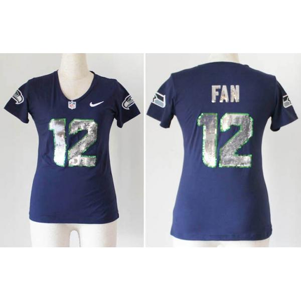 [Handwork Sequin Lettering]FAN Seattle #12 Womens Football Jersey - 12th Fan Womens Football Jersey (Blue)