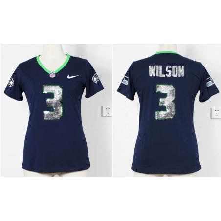 [Handwork Sequin Lettering]WILSON Seattle #3 Womens Football Jersey - Russell Wilson Womens Football Jersey (Blue I)