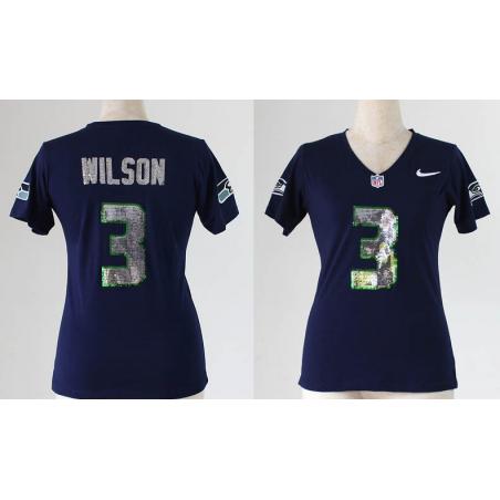 [Handwork Sequin Lettering]WILSON Seattle #3 Womens Football Jersey - Russell Wilson Womens Football Jersey (Blue)